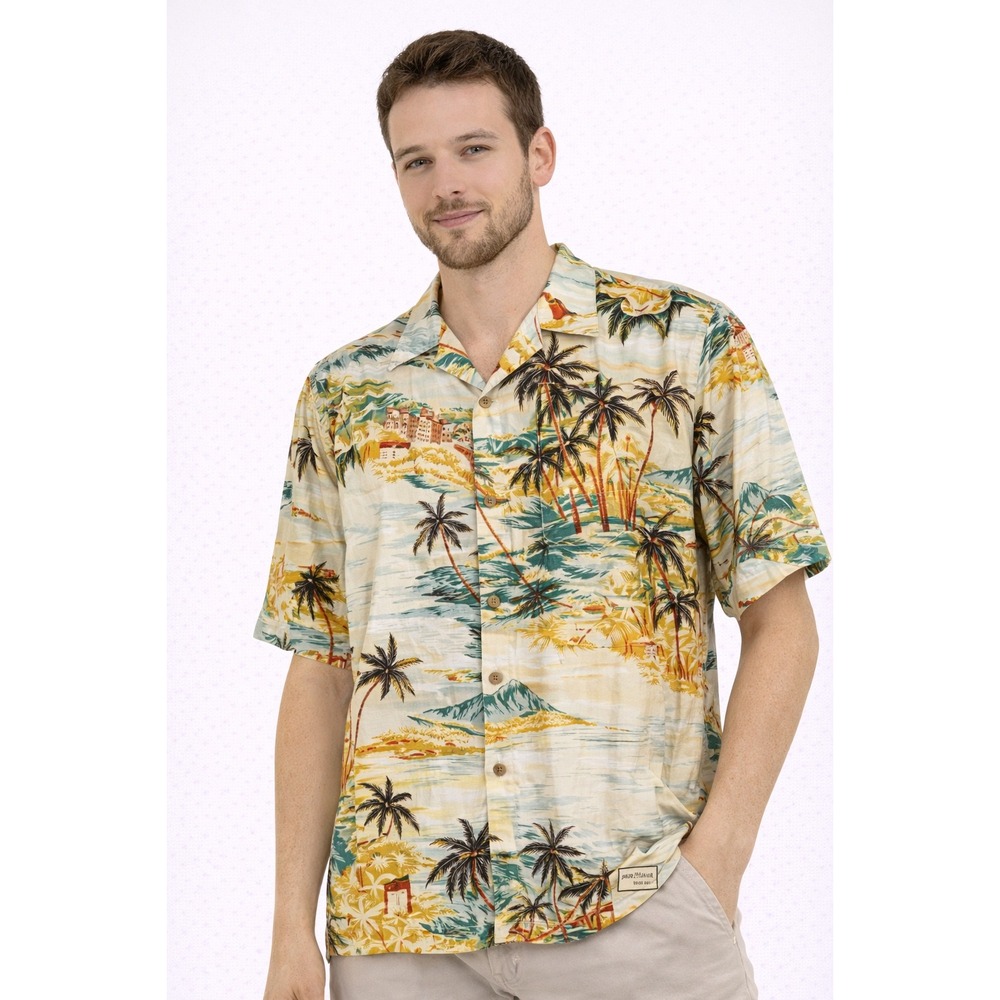 Tori Richard Hawaiian Shirt Mens XL Yellow Tropical Palm Tree Rayon Aloha Shirt